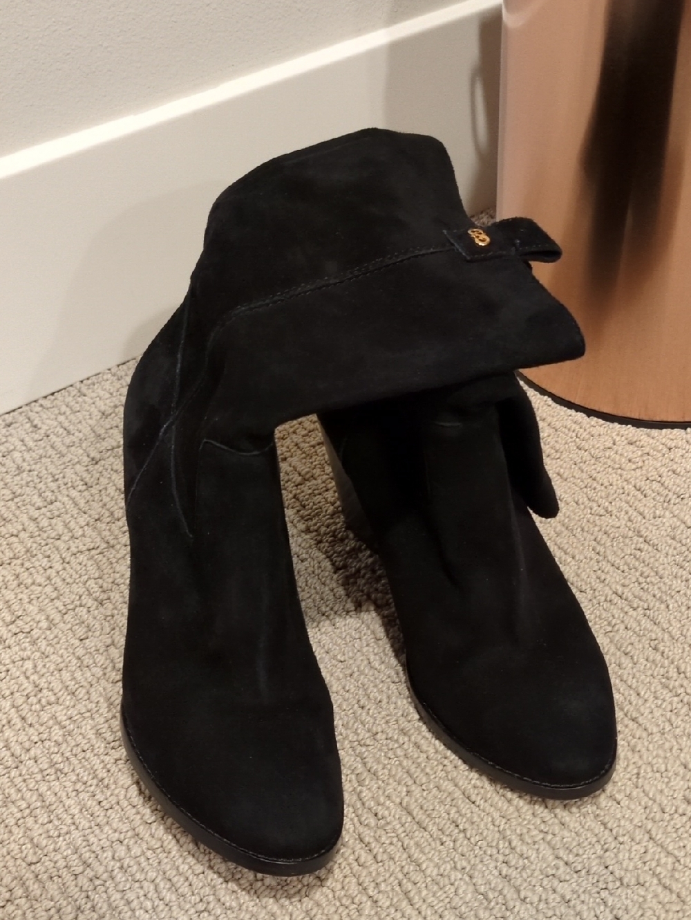 Cole Haan Black Suede Boots with Gold Logo Accent